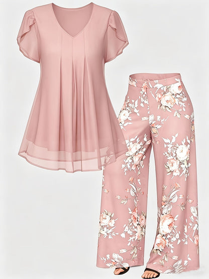 Women's Two-Piece Pants Set - Floral Print – Sizes 1XL–5XL – Black option – view 3