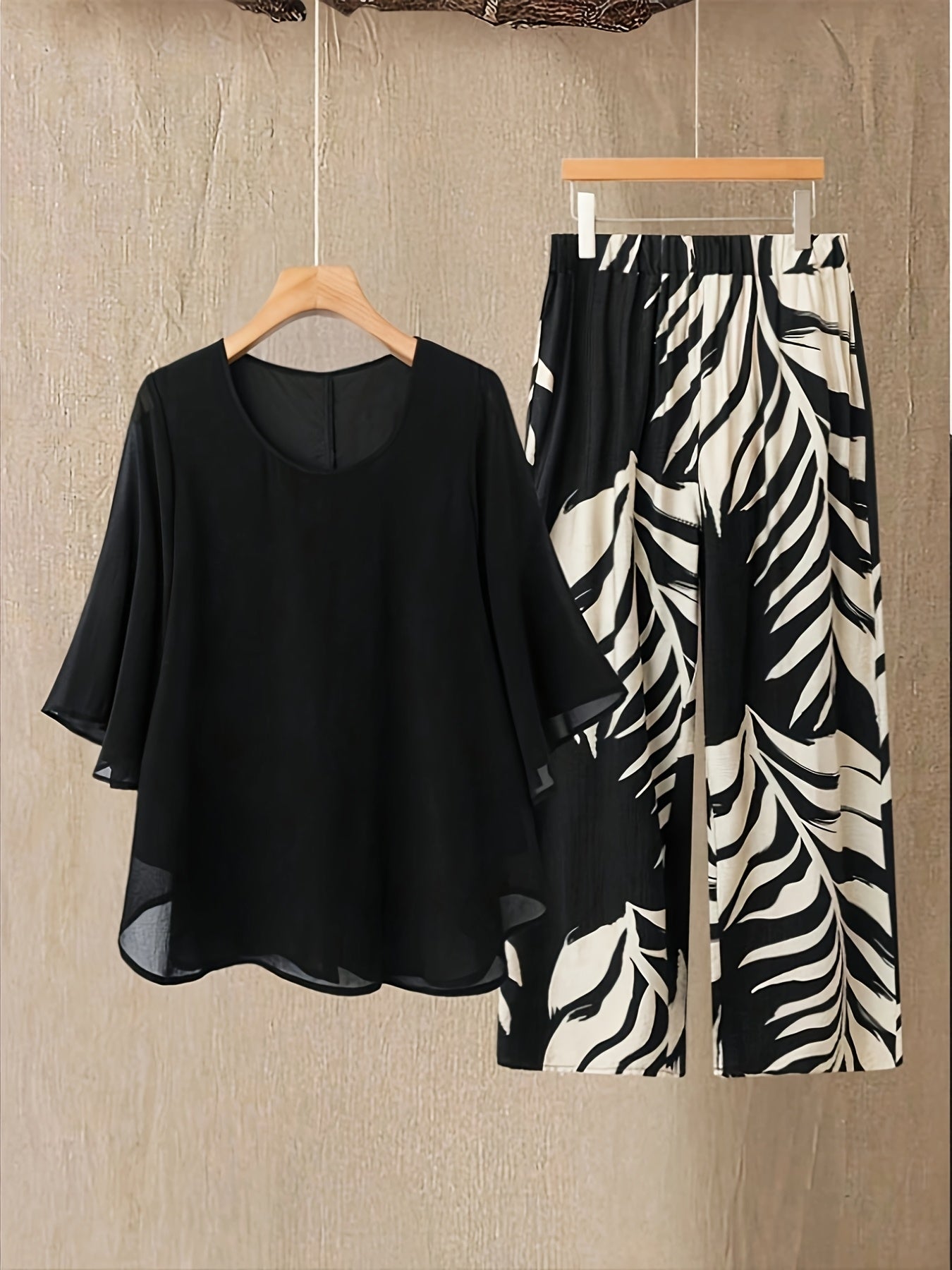 Women's Two-Piece Pants Set - Graphic Print – 5-Color Selection – Black option – view 5