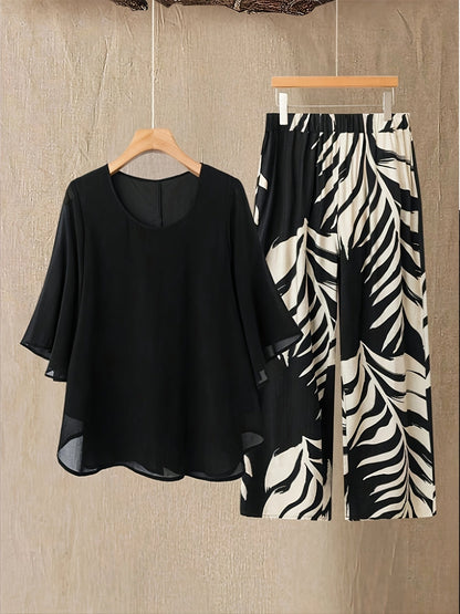 Women's Two-Piece Pants Set - Graphic Print – 5-Color Selection – Black option – view 5