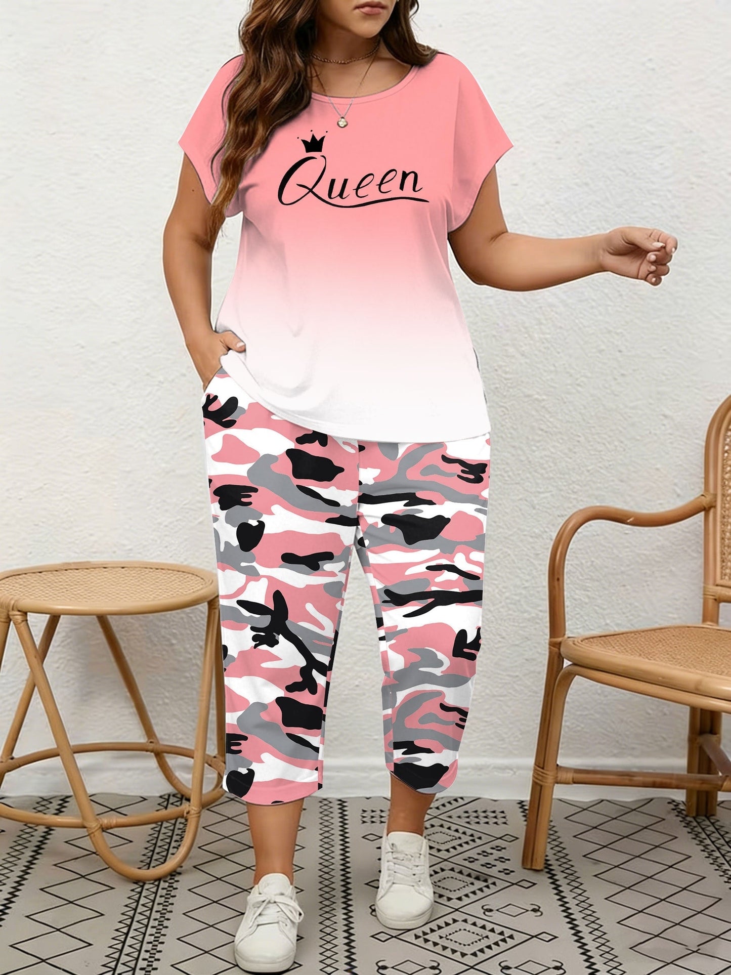 Women's Two-Piece Pants Set - Graphic Print – Black / Pink – view 9