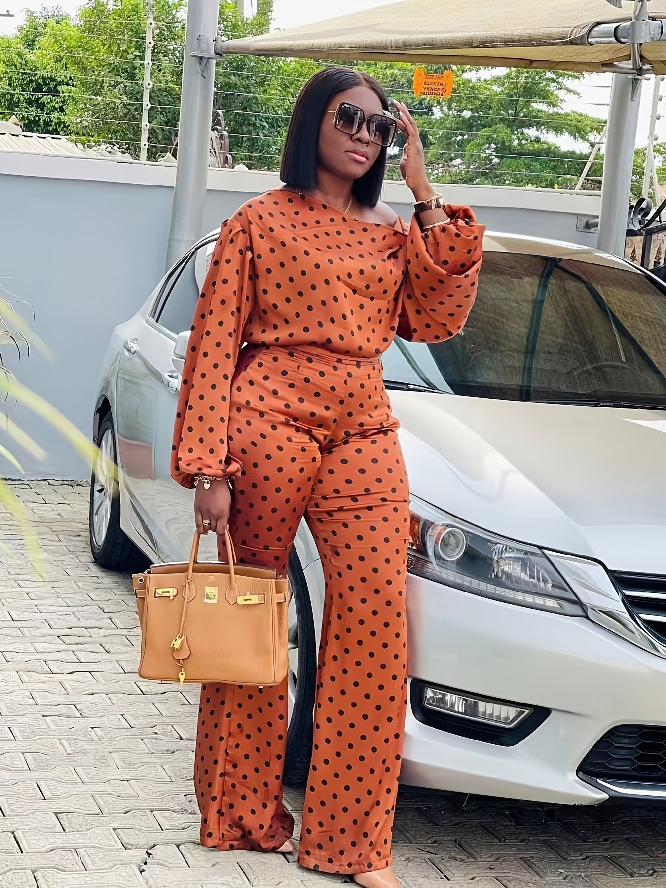 Women's Two-Piece Pants Set - Graphic Print Casual Matching Outfit – Orange-Red detail view