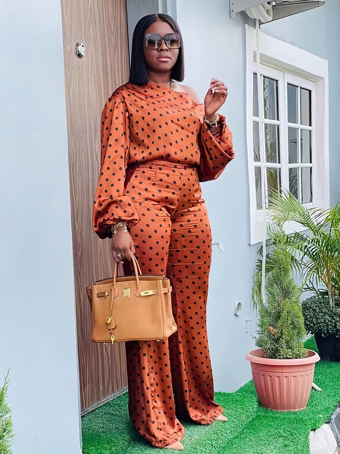 Women's Two-Piece Pants Set - Graphic Print Casual Matching Outfit – Orange-Red – Orange option – main product image