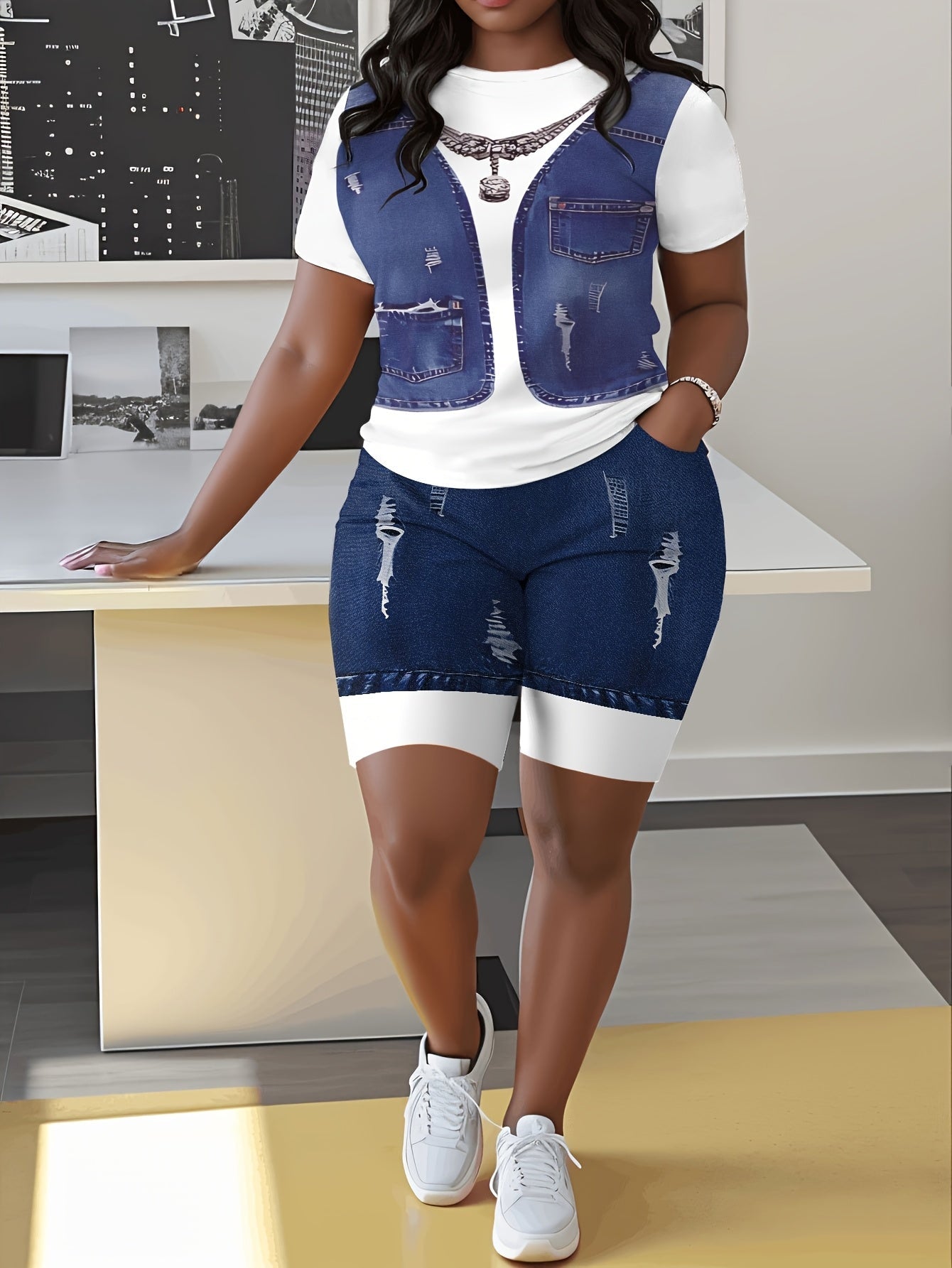 Women's Two-Piece Pants Set - Graphic Print Workwear Look 2421 detail view