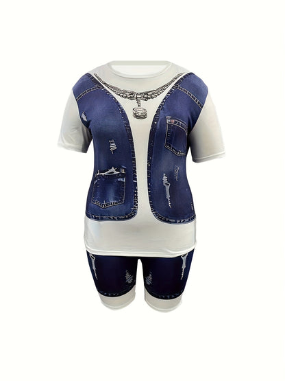 Women's Two-Piece Pants Set - Graphic Print Workwear Look 2421 detail view