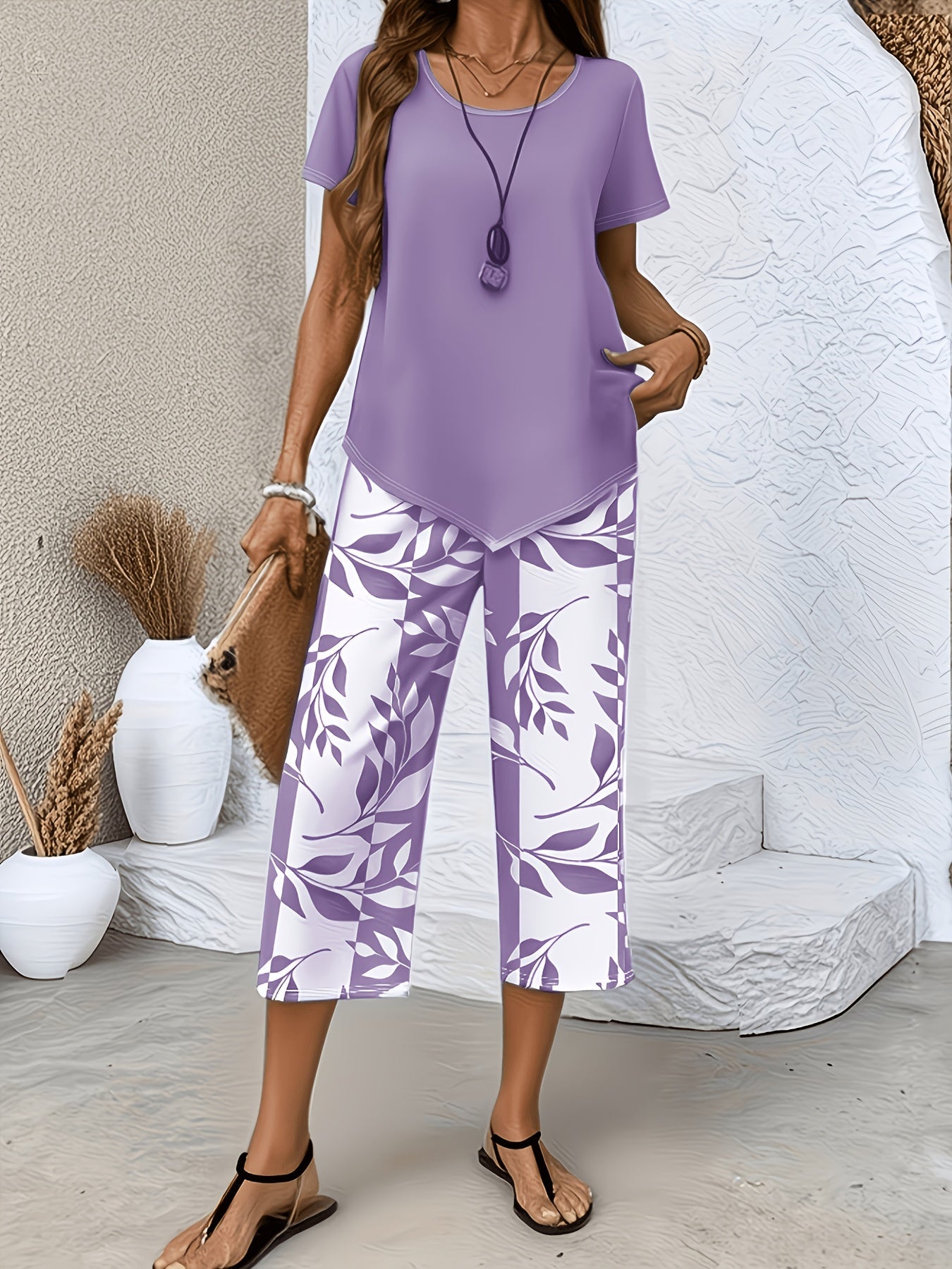 Women's Two-Piece Pants Set - Graphic Print Workwear Matching Outfit detail view