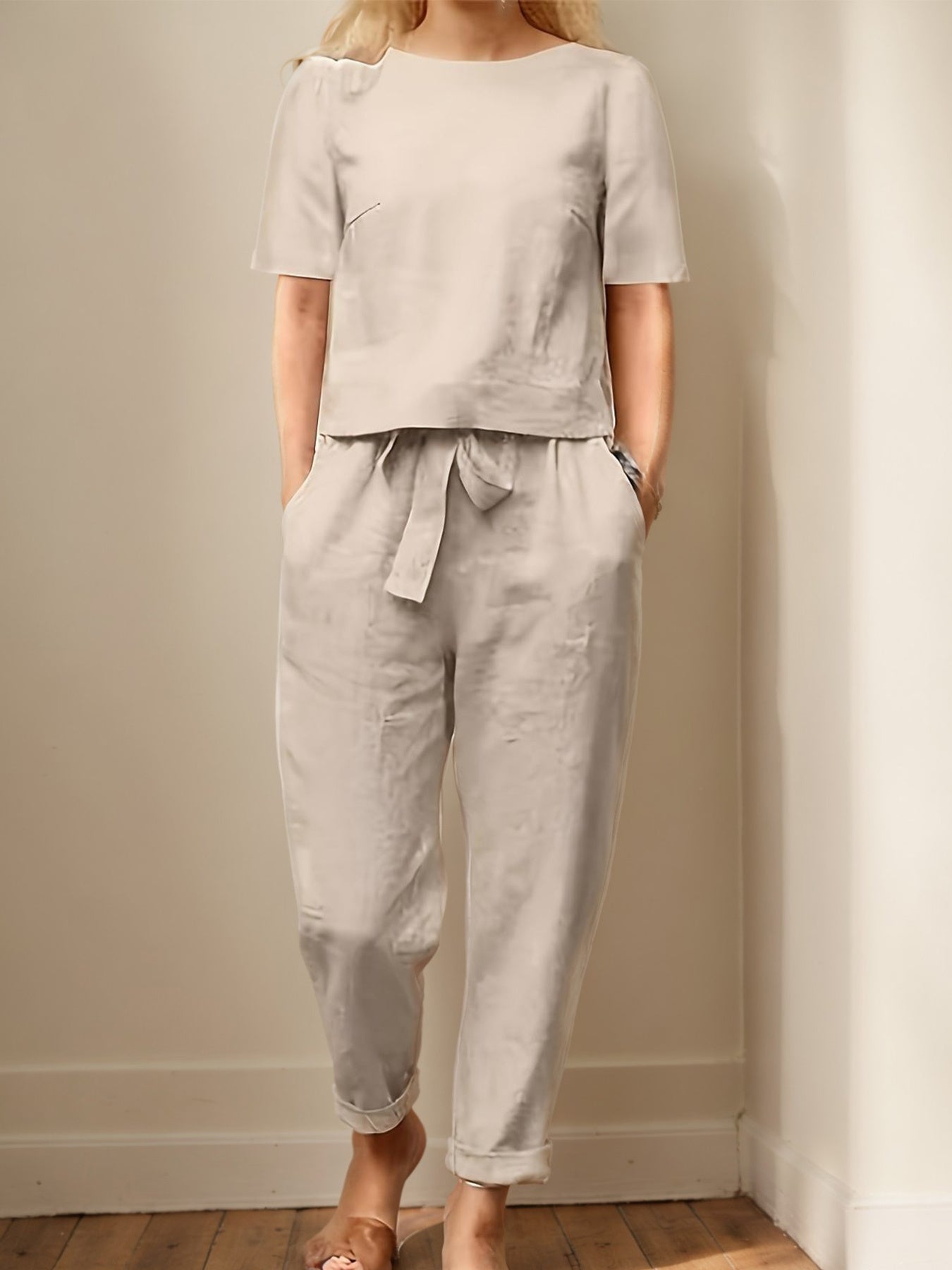 Women's Two-Piece Pants Set - Lace Detail Casual Matching Outfit detail view