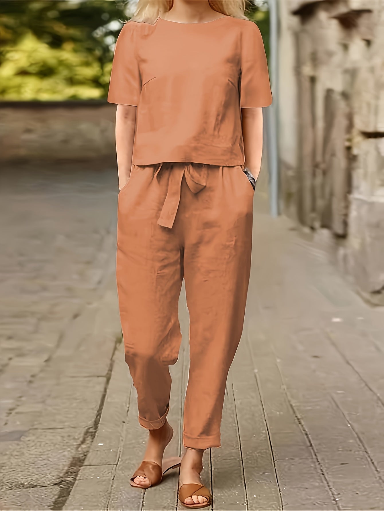 Women's Two-Piece Pants Set - Lace Detail Casual Matching Outfit – Khaki option – main product image