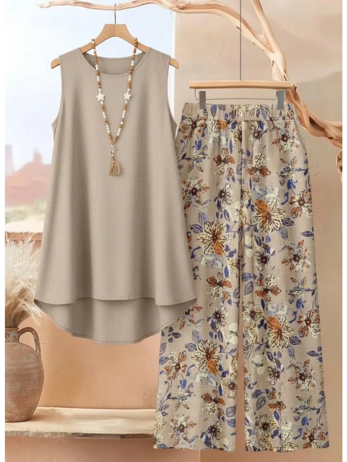 Women's Two-Piece Pants Set - Printed Vacation Matching Look detail view