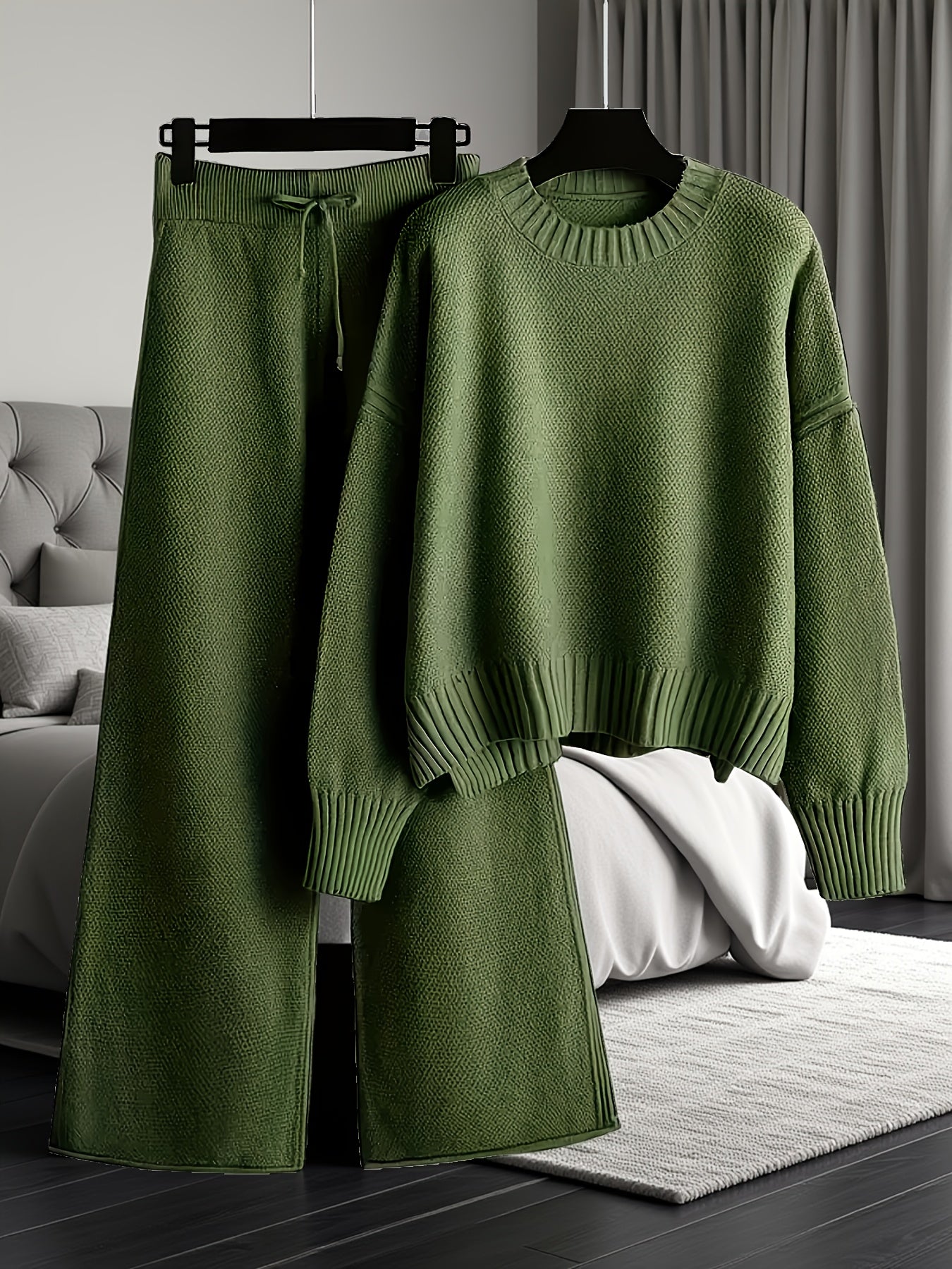 Women's Two-Piece Pants Set - Ribbed Casual Matching Look detail view