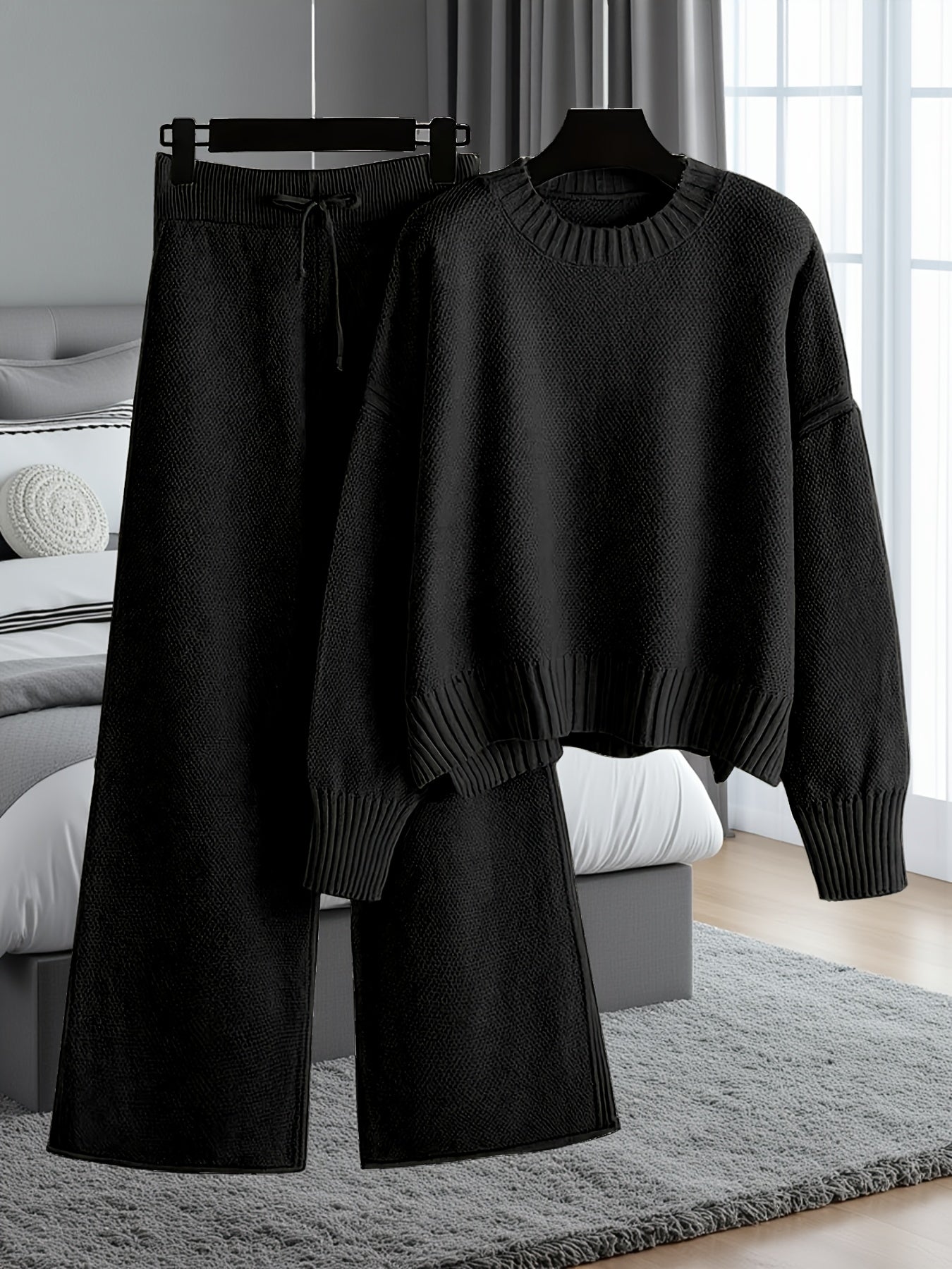 Women's Two-Piece Pants Set - Ribbed Casual Matching Look detail view