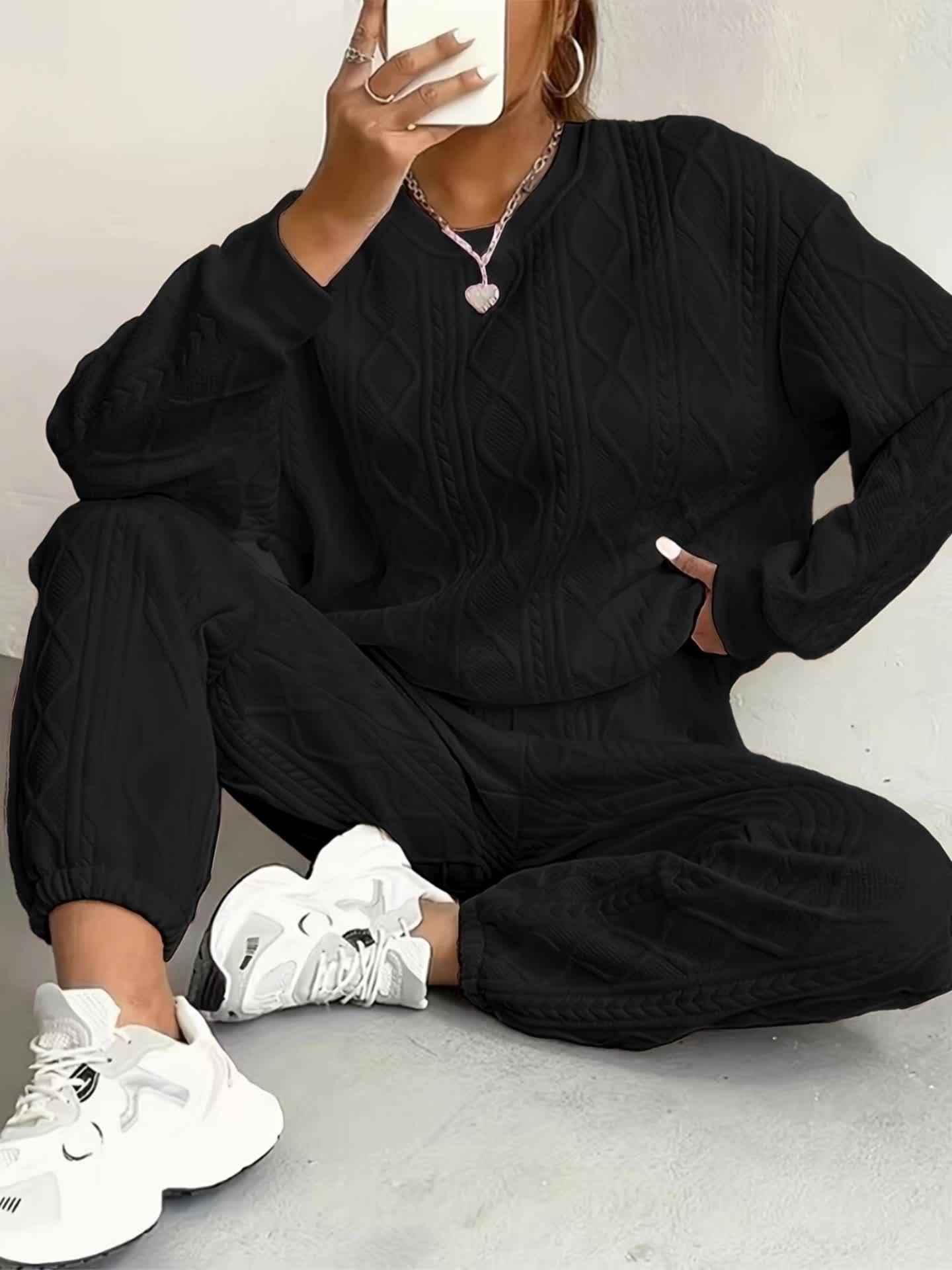 Women's Two-Piece Pants Set - Solid Color Casual Matching Outfit – Pink / Black detail view