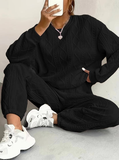 Women's Two-Piece Pants Set - Solid Color Casual Matching Outfit – Pink / Black detail view