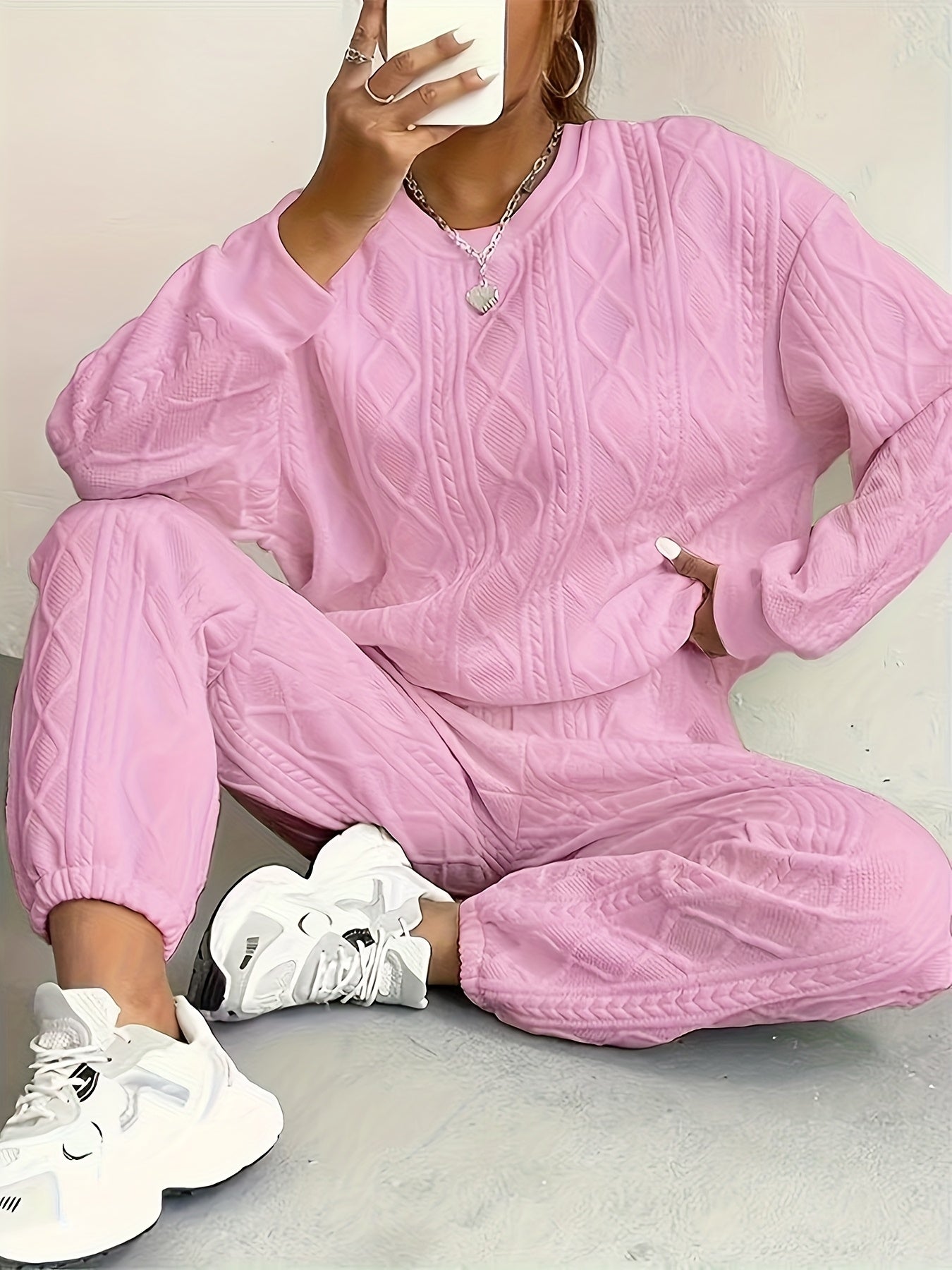 Women's Two-Piece Pants Set - Solid Color Casual Matching Outfit – Pink / Black detail view