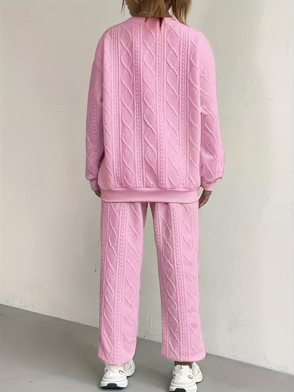 Women's Two-Piece Pants Set - Solid Color Casual Matching Outfit – Pink / Black detail view