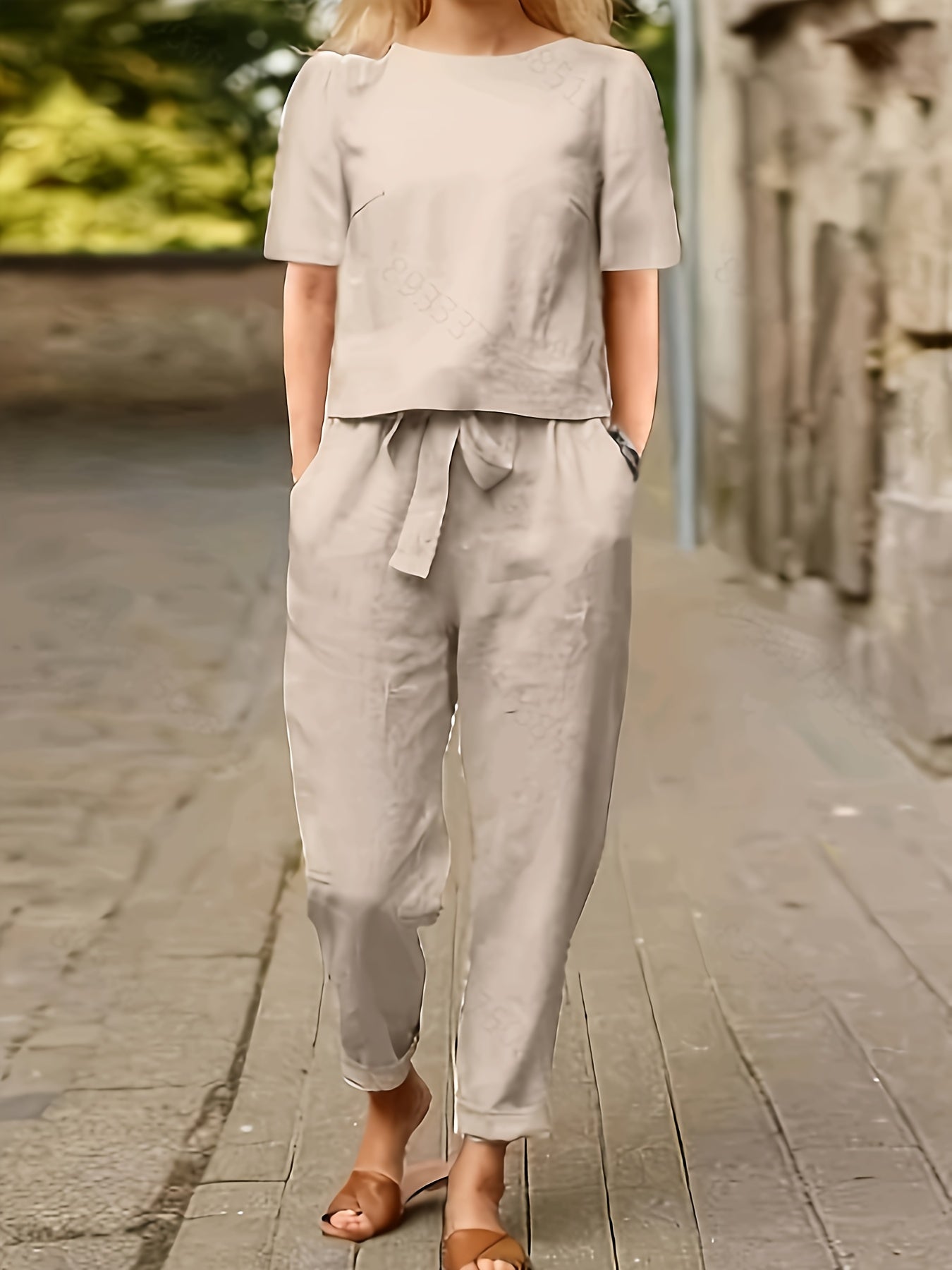 Women's Two-Piece Pants Set - Solid Color Casual Matching Outfit – Sizes S–XXL detail view