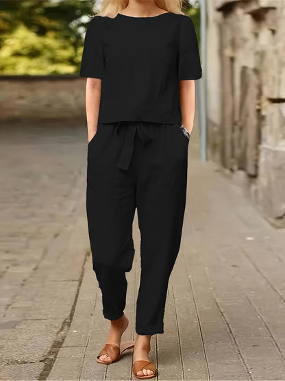 Women's Two-Piece Pants Set - Solid Color Casual Matching Outfit – Sizes S–XXL detail view