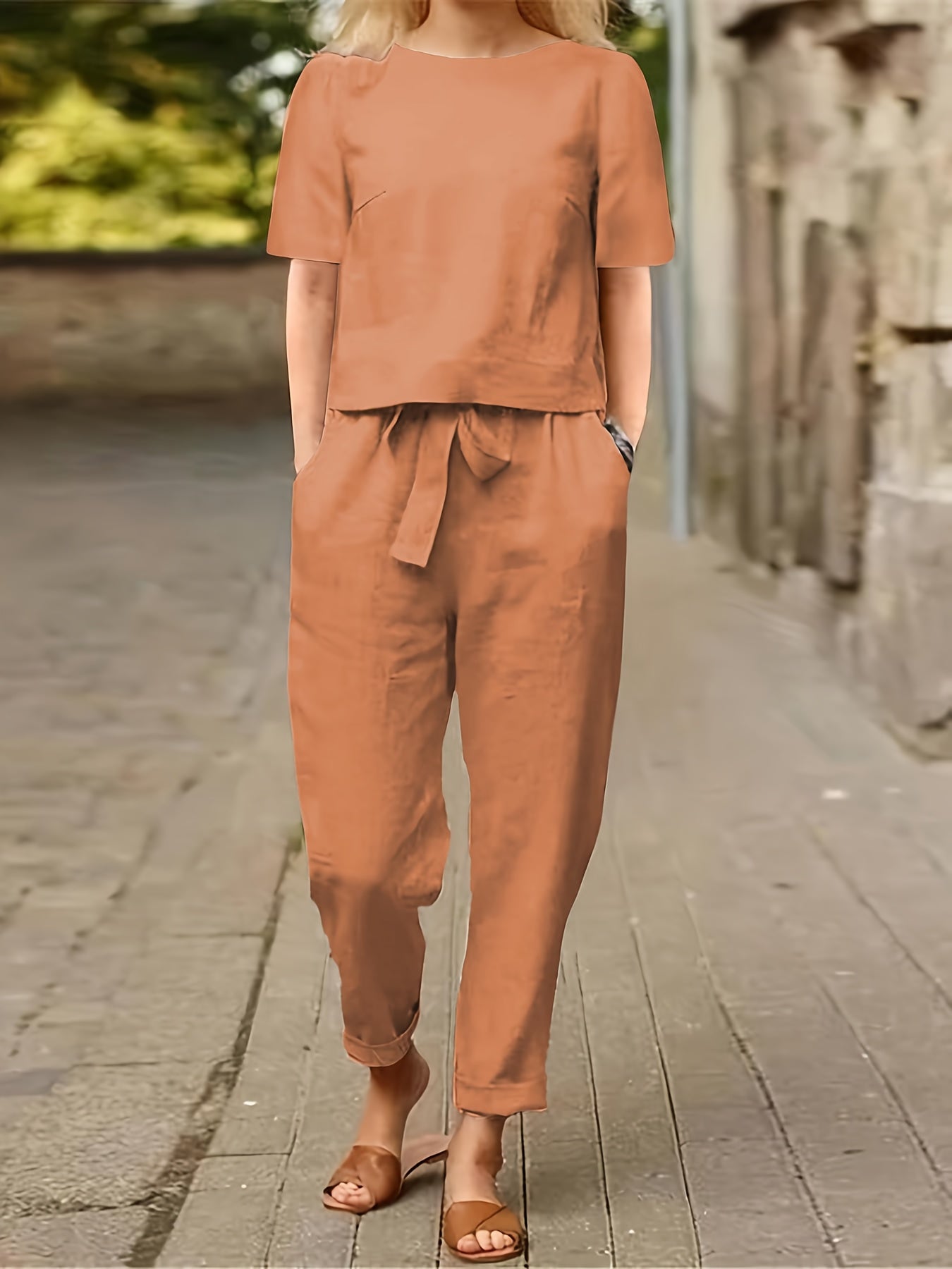 Women's Two-Piece Pants Set - Solid Color Casual Matching Outfit – Sizes S–XXL detail view