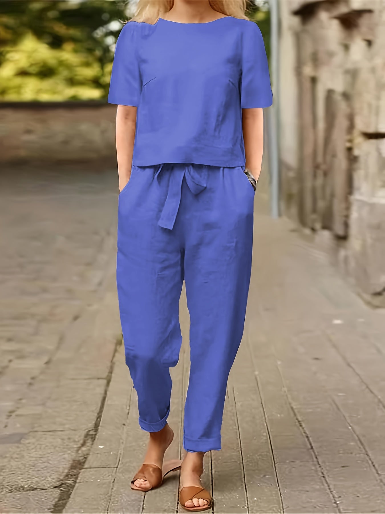 Women's Two-Piece Pants Set - Solid Color Casual Matching Outfit – Sizes S–XXL detail view