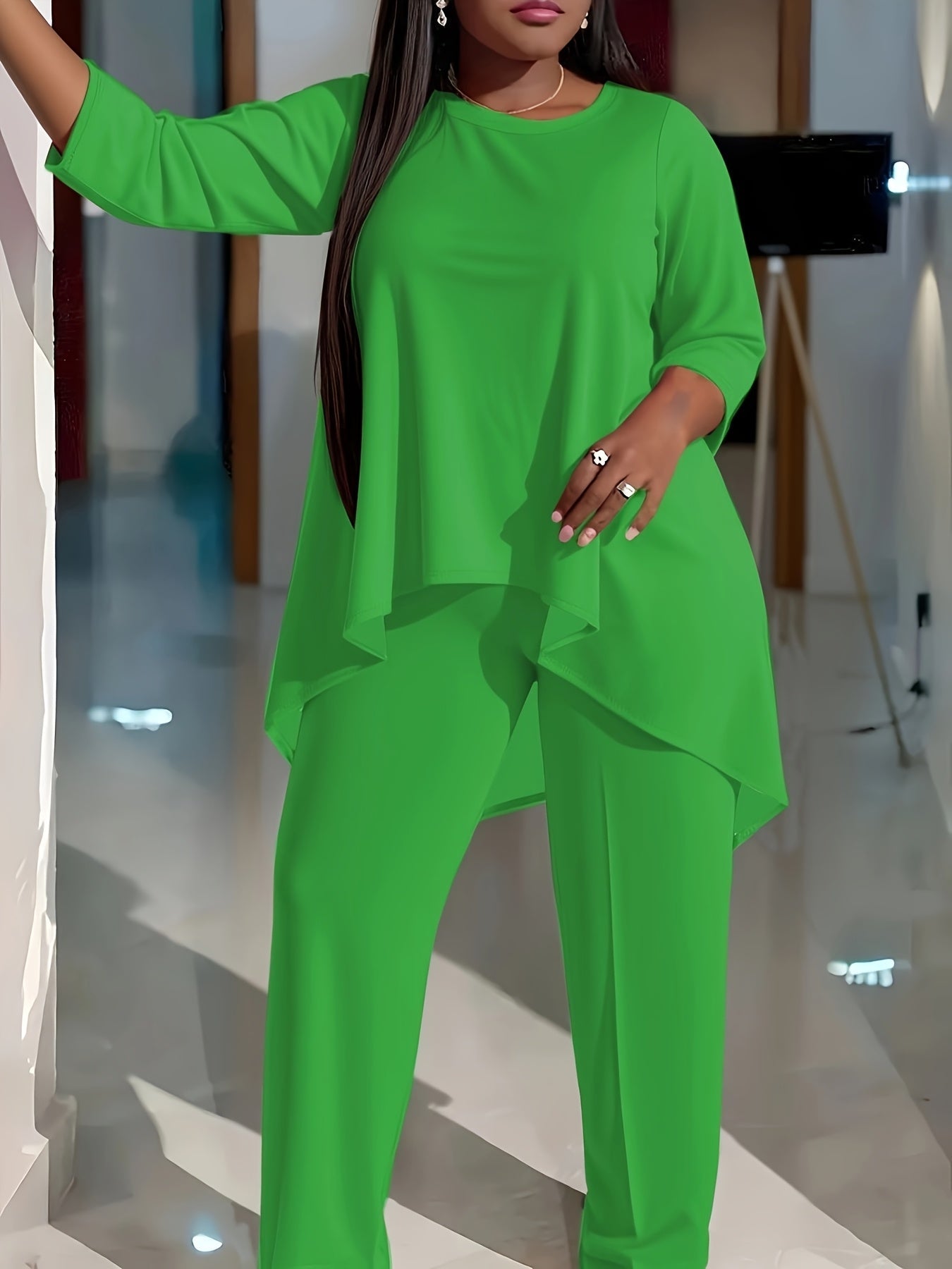 Women's Two-Piece Pants Set - Solid Color – Green – view 9