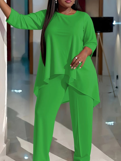 Women's Two-Piece Pants Set - Solid Color – Green – Green option – view 3