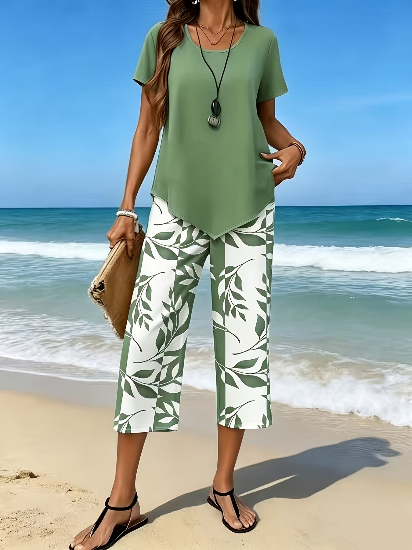 Women's Two-Piece Pants Set - Solid Color – Green / Pink detail view