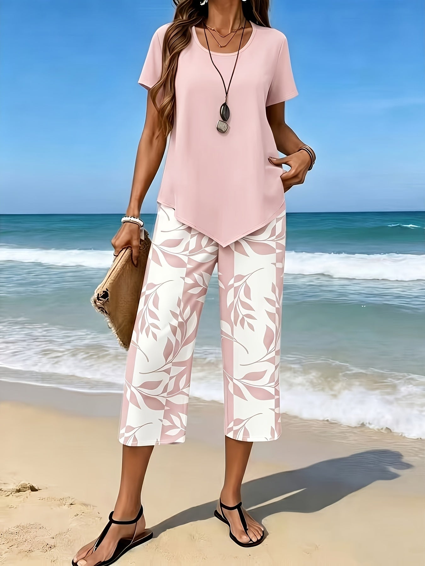 Women's Two-Piece Pants Set - Solid Color – Green / Pink detail view