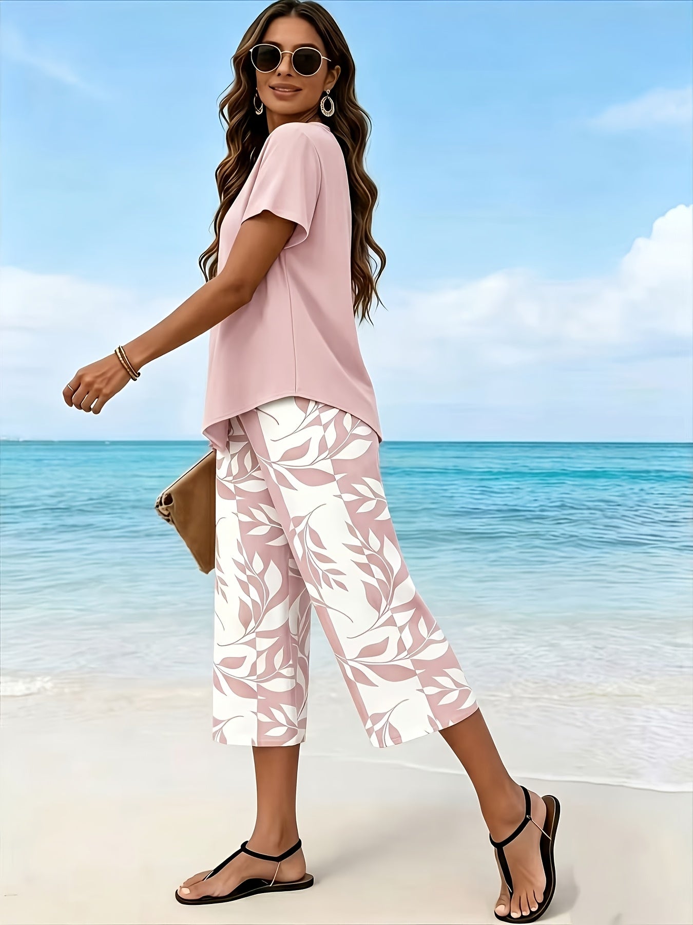 Women's Two-Piece Pants Set - Solid Color – Green / Pink detail view
