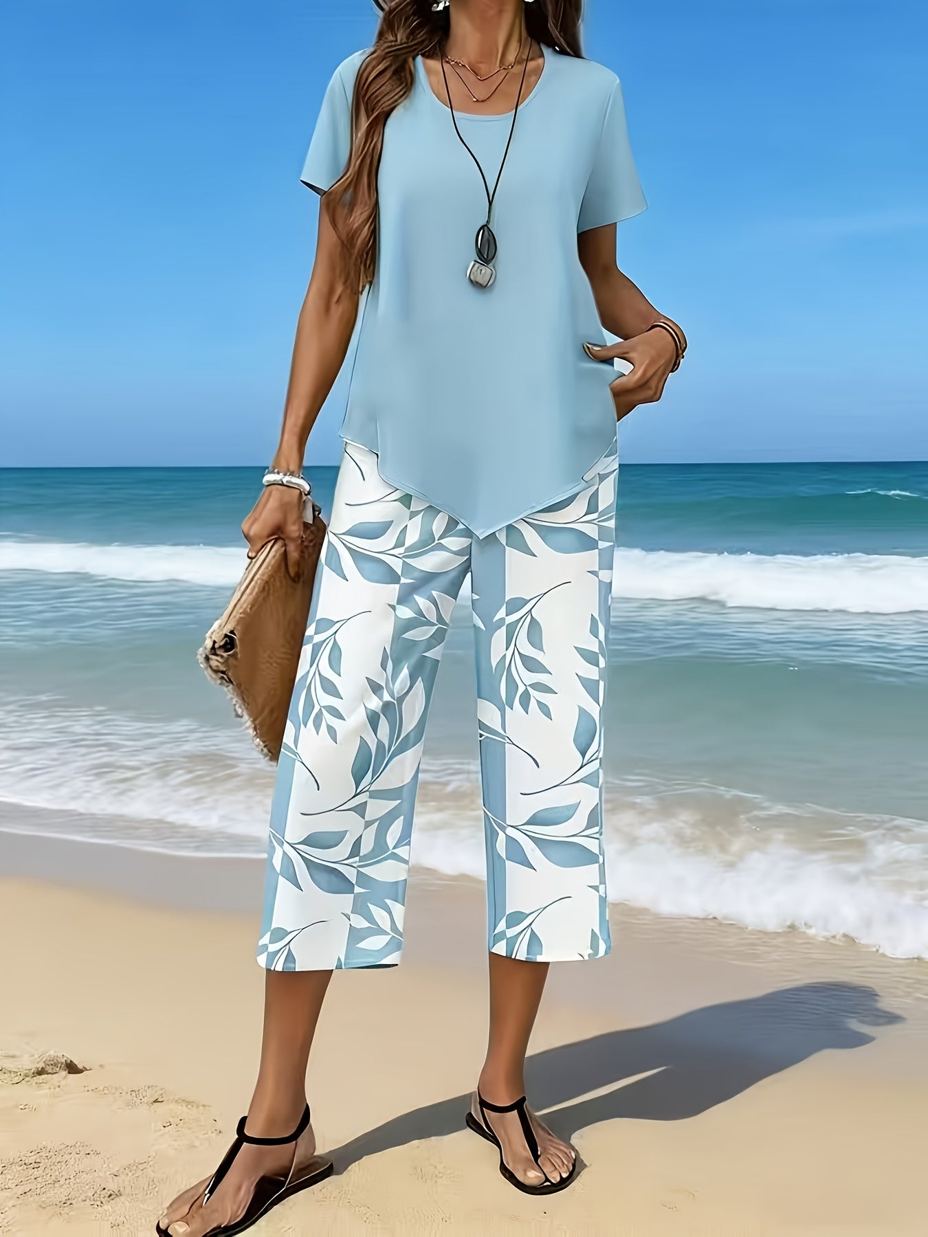 Women's Two-Piece Pants Set - Solid Color – Green / Pink detail view