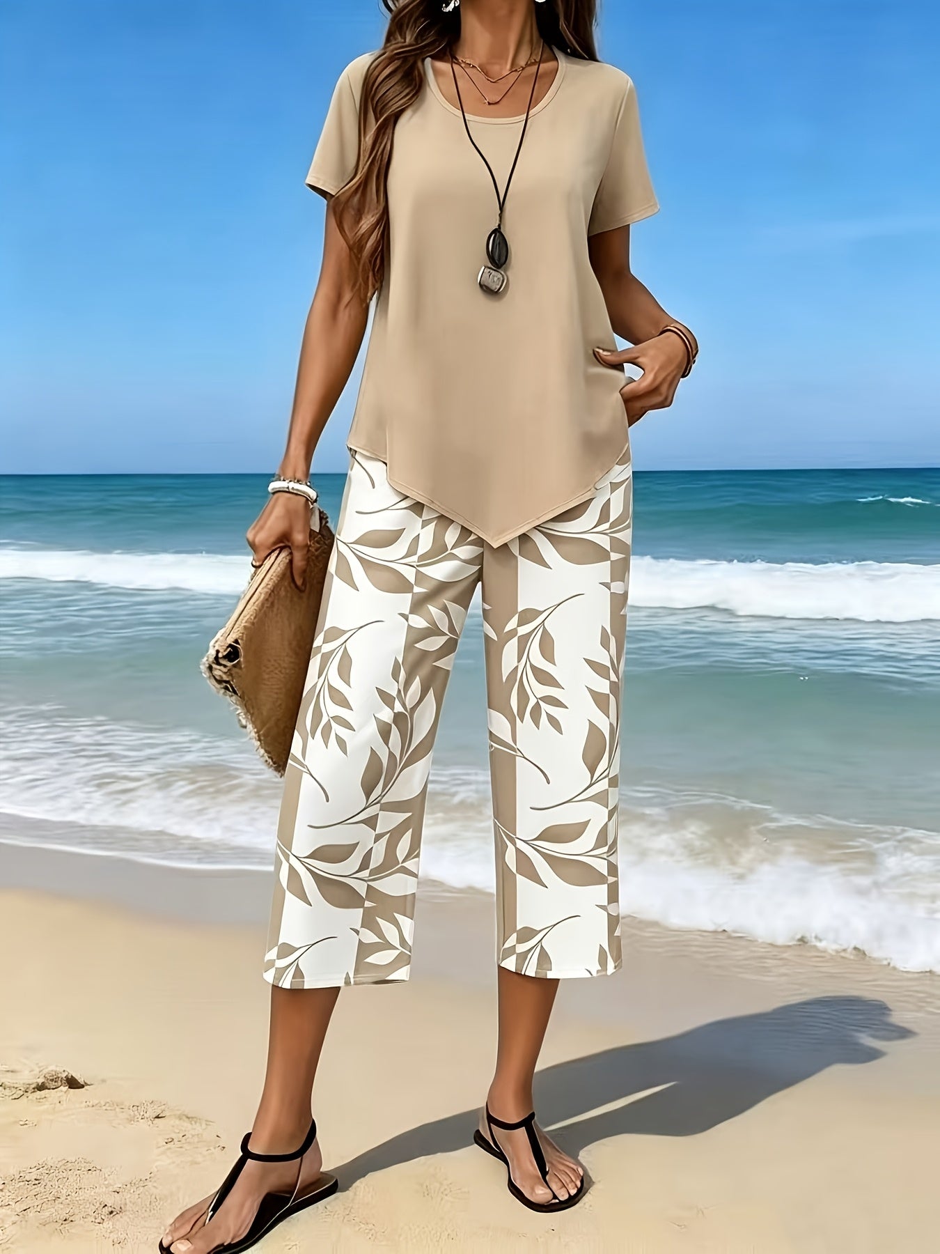 Women's Two-Piece Pants Set - Solid Color – Green / Pink detail view