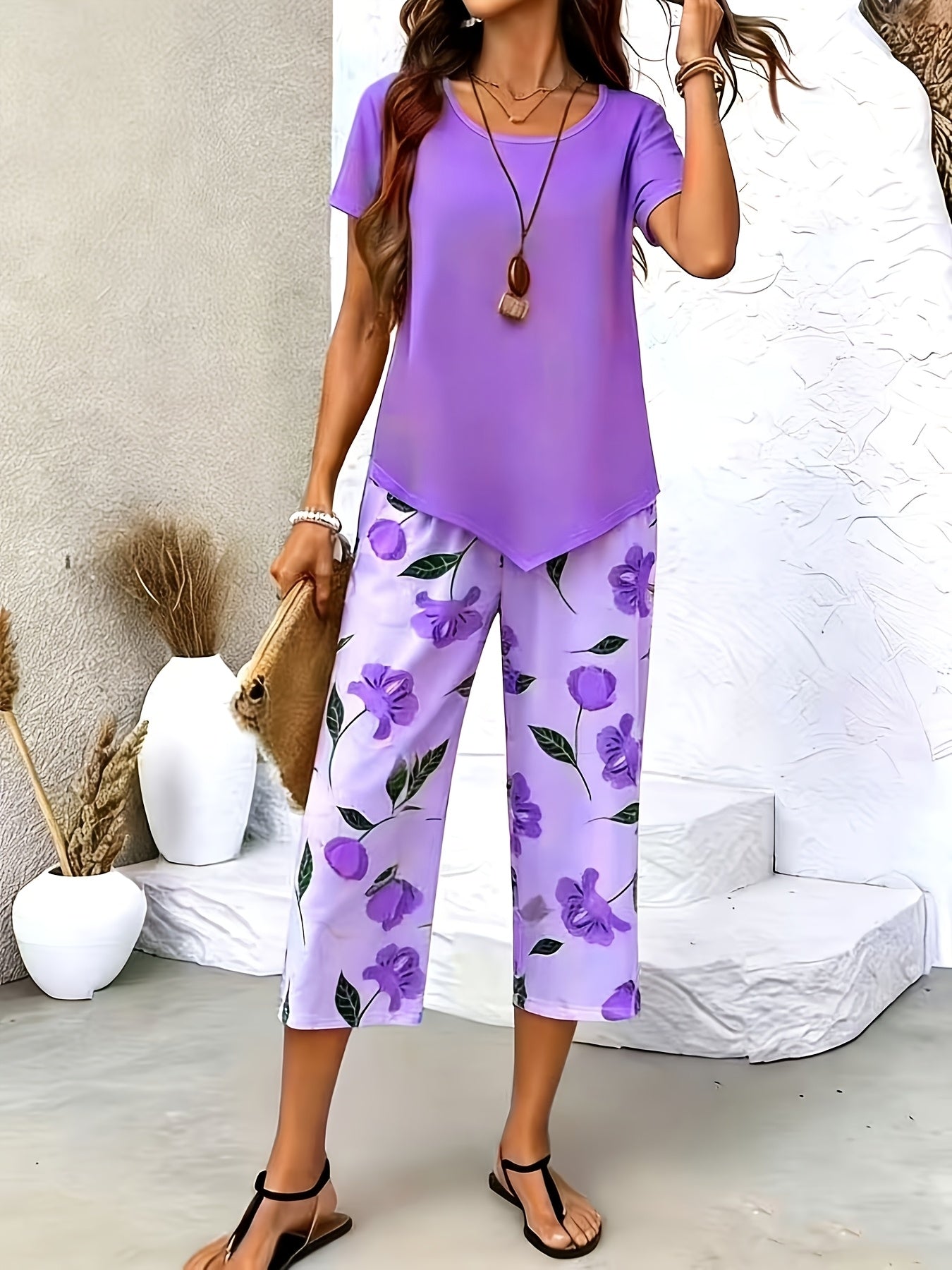 Women's Two-Piece Pants Set - Solid Color – Green / Pink – Green option – view 4