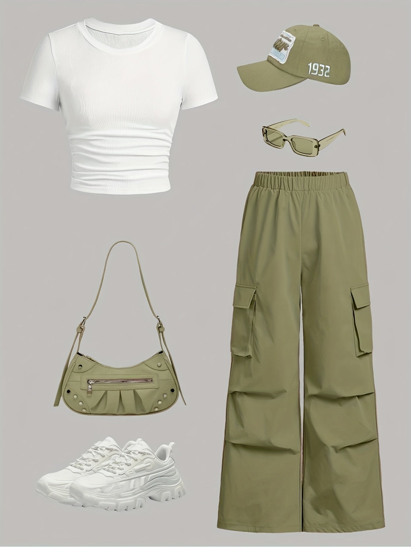 Women's Two-Piece Pants Set - Solid Color – Olive / Navy Color – view 2