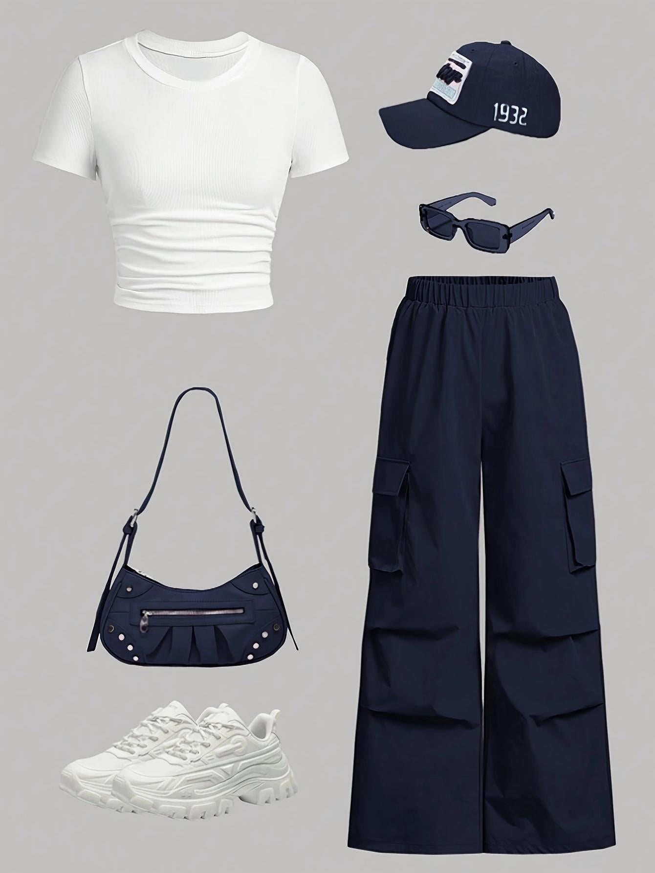 Women's Two-Piece Pants Set - Solid Color – Olive / Navy Color detail view