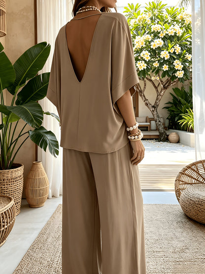 Women's Two-Piece Pants Set - Solid Color Vacation Matching Outfit detail view