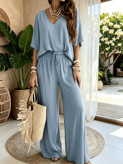 Women's Two-Piece Pants Set - Solid Color Vacation Matching Outfit detail view