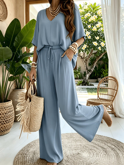 Women's Two-Piece Pants Set - Solid Color Vacation Matching Outfit detail view