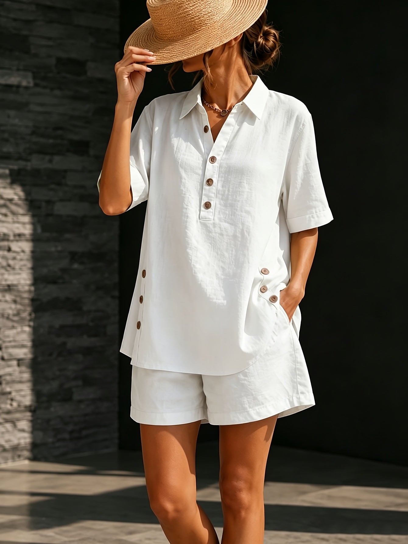 Women's Two-Piece Pants Set - Solid Color Workwear Matching Outfit detail view