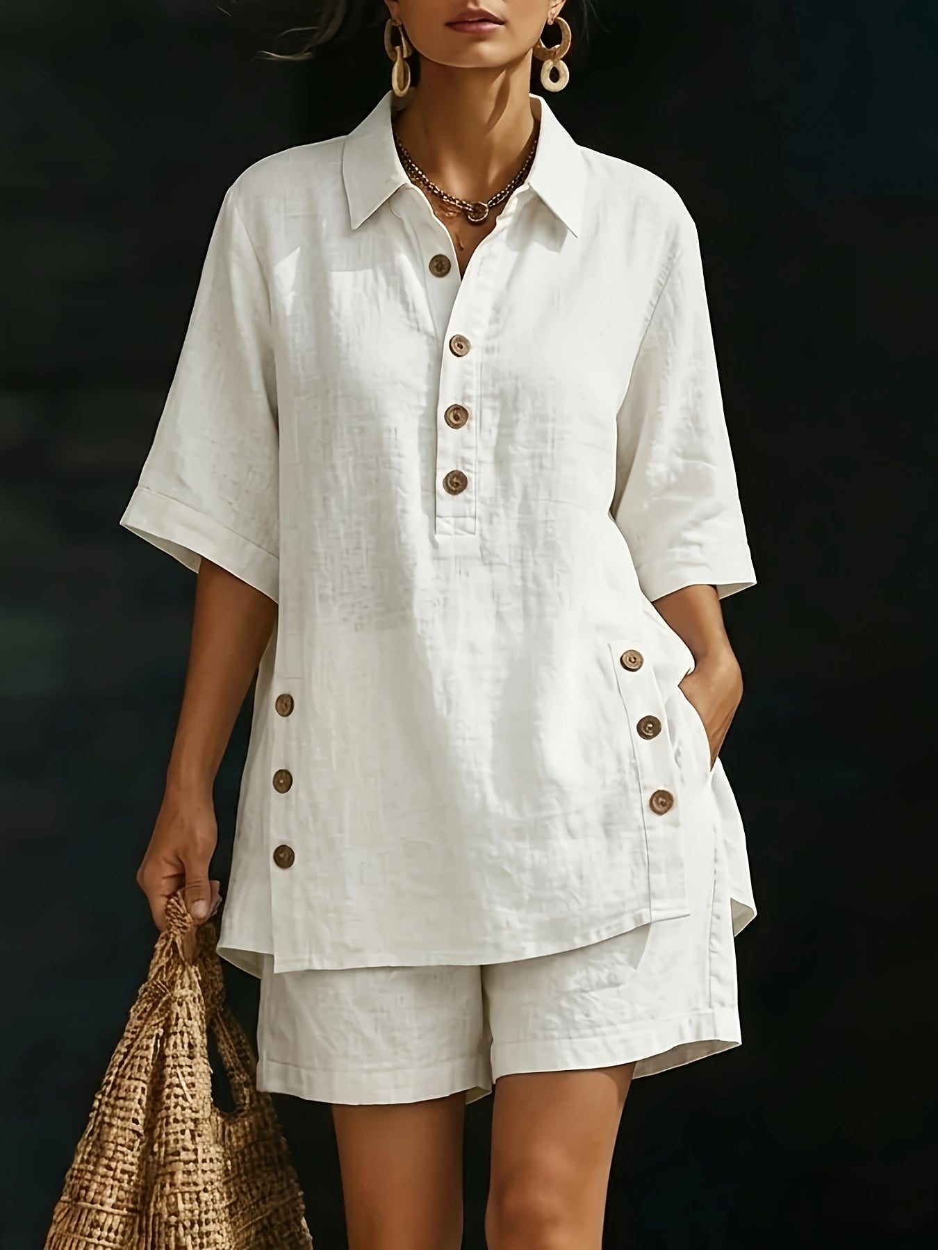 Women's Two-Piece Pants Set - Solid Color Workwear Matching Outfit detail view