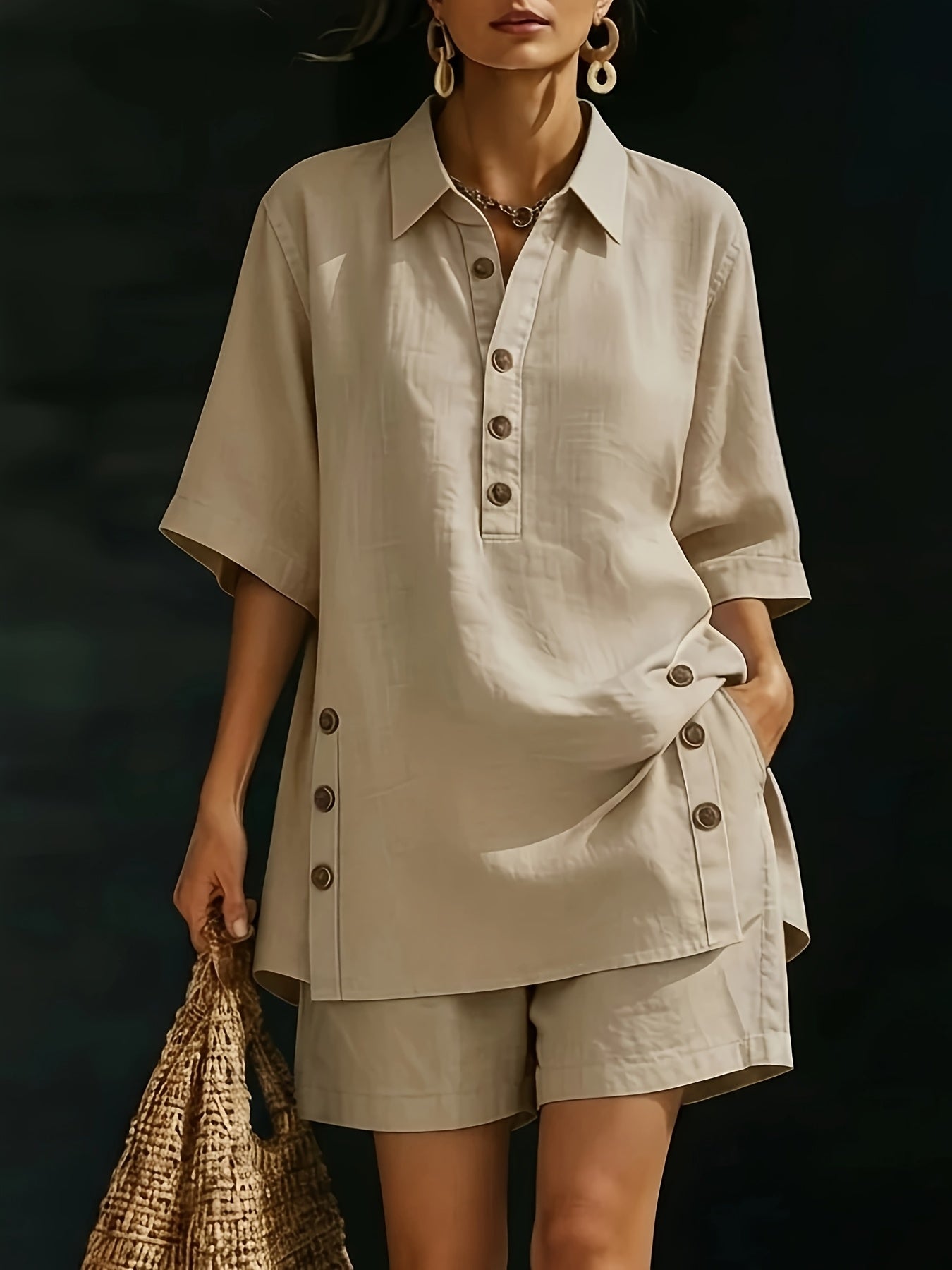 Women's Two-Piece Pants Set - Solid Color Workwear Matching Outfit detail view