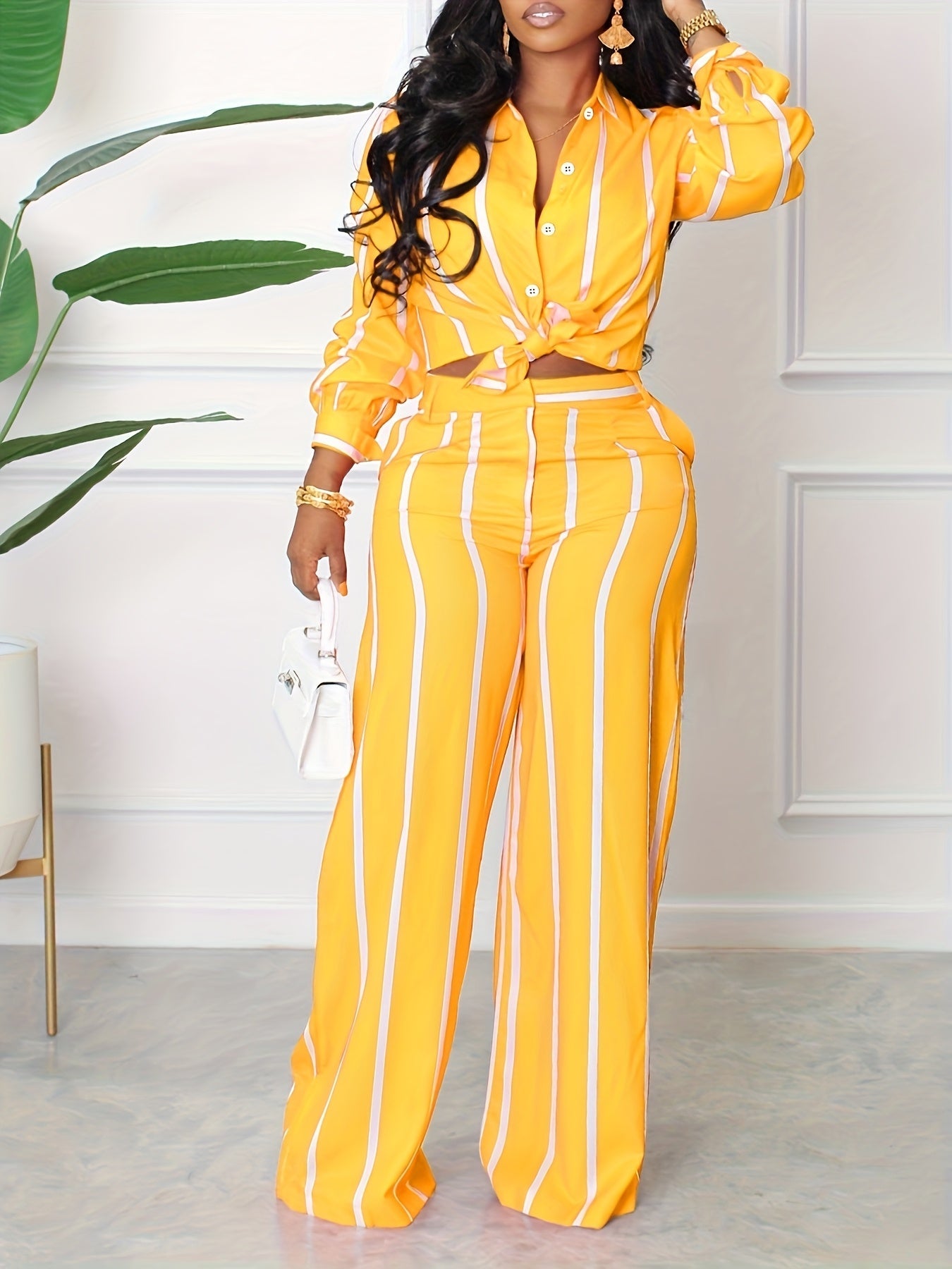 Women's Two-Piece Pants Set - Striped Casual Matching Outfit – Sizes 0XL–3XL – Yellow option – main product image