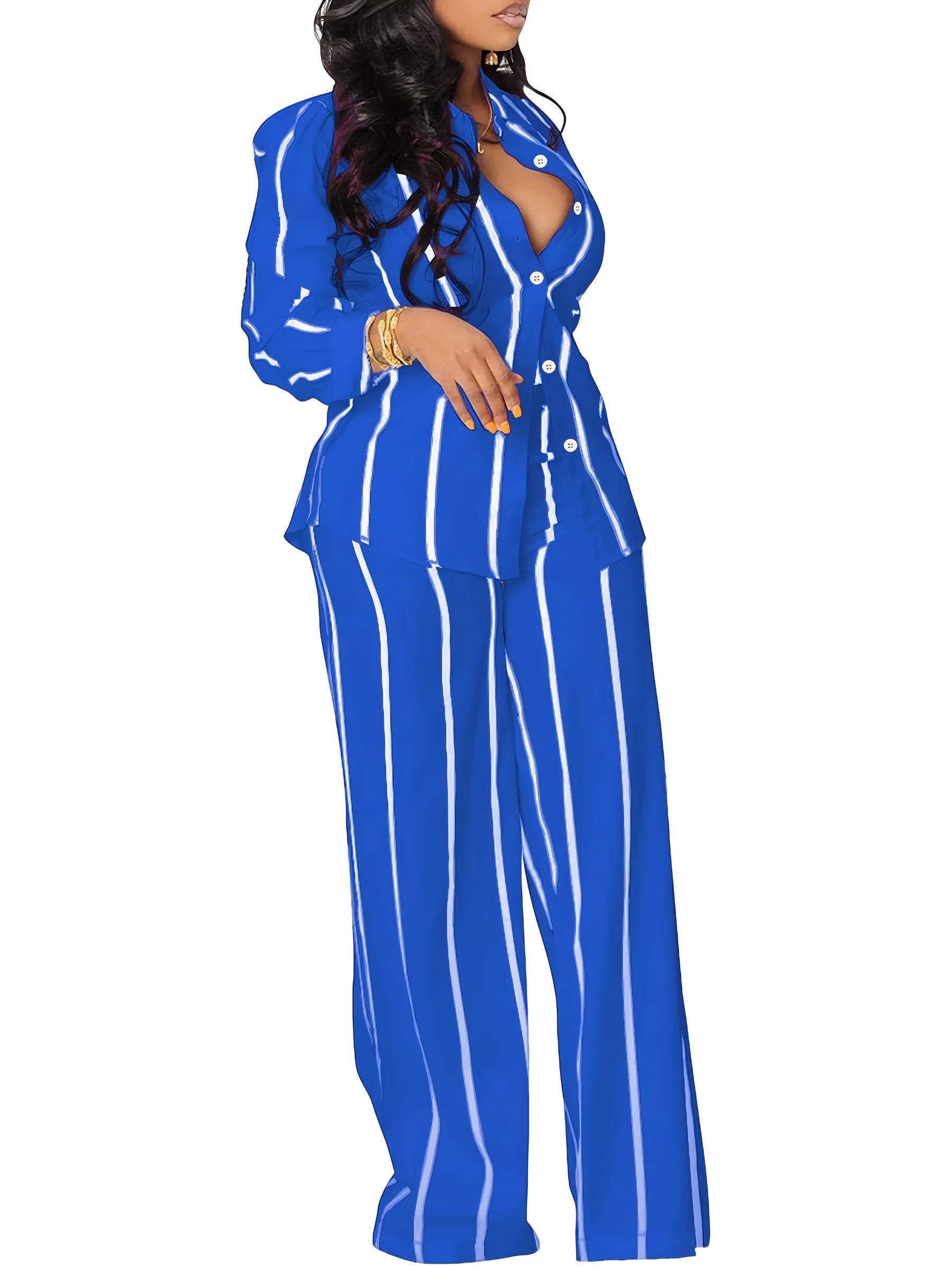Women's Two-Piece Pants Set - Striped Casual Matching Outfit – Sizes 0XL–3XL – Yellow option – view 3