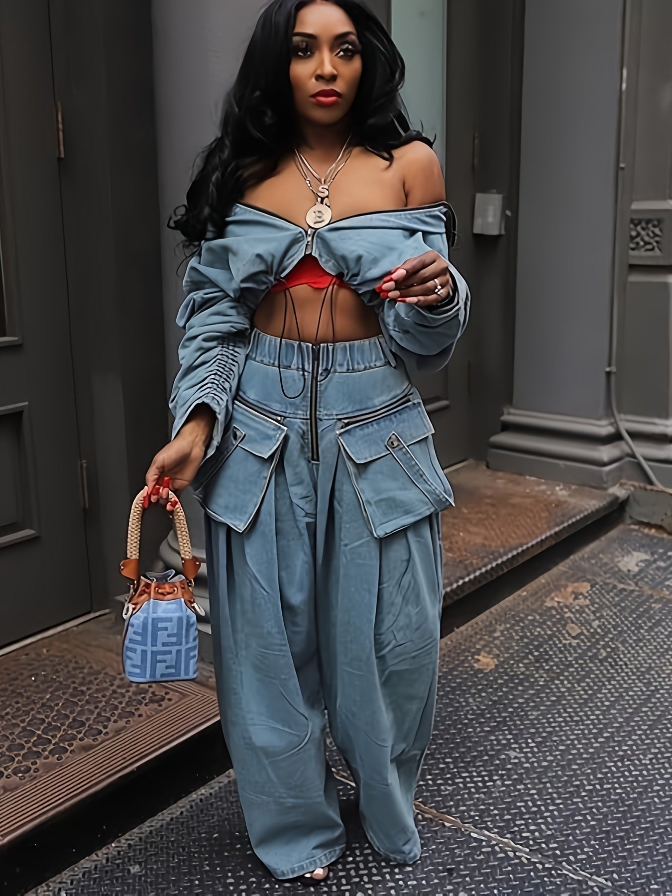 Women's Two-Piece Pants Set - Zip Detail Workwear Matching Outfit detail view
