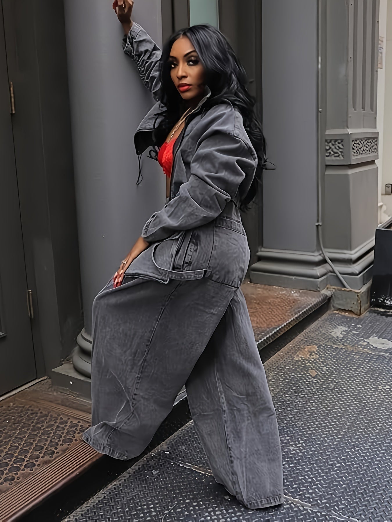 Women's Two-Piece Pants Set - Zip Detail Workwear Matching Outfit detail view