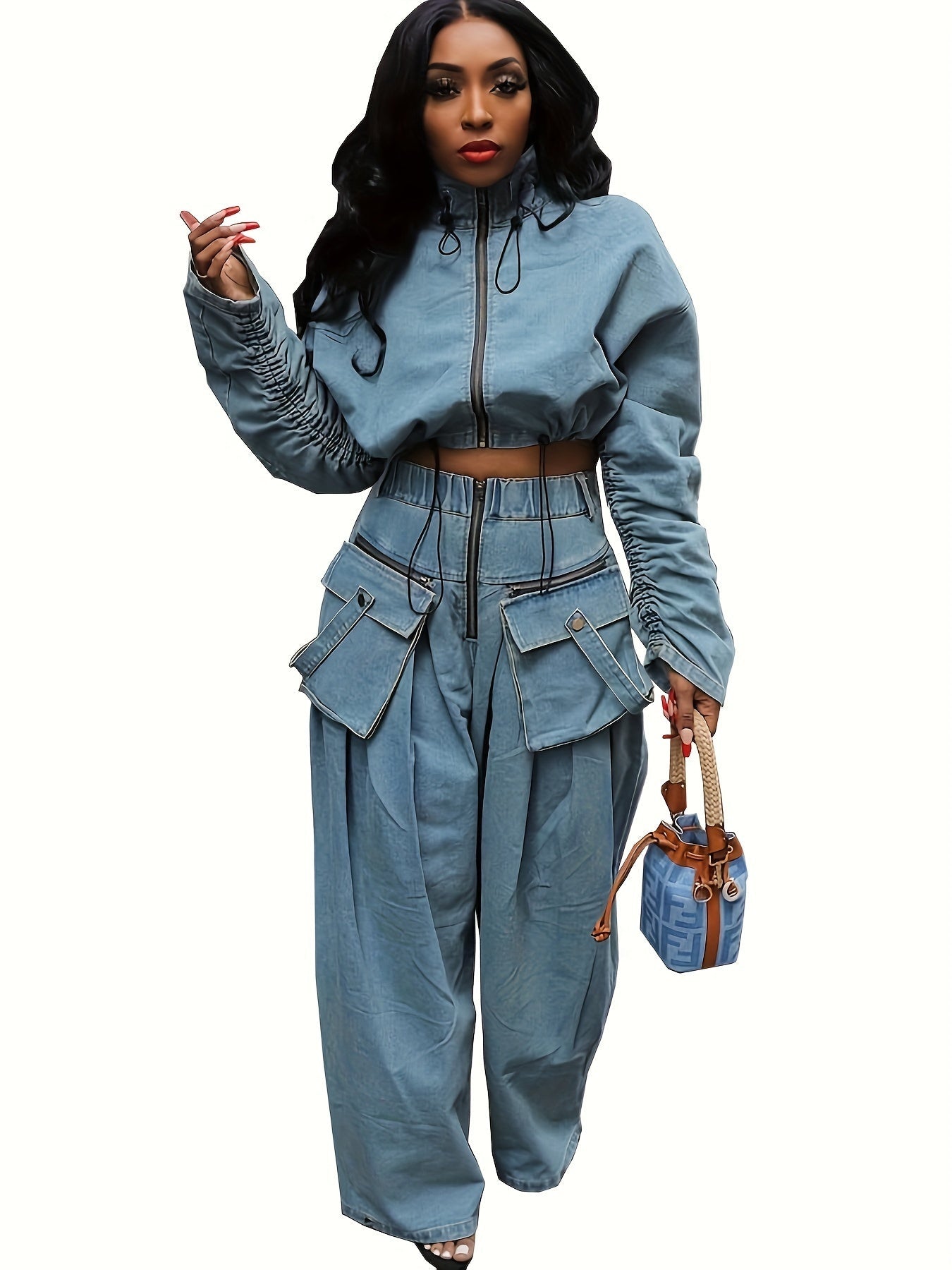 Women's Two-Piece Pants Set - Zip Detail Workwear Matching Outfit detail view