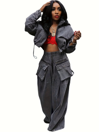 Women's Two-Piece Pants Set - Zip Detail Workwear Matching Outfit – Black option – view 2