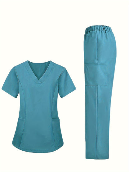 Women's Two-Piece Scrub Set - V-Neck Workwear Matching Look – Blue option – view 3