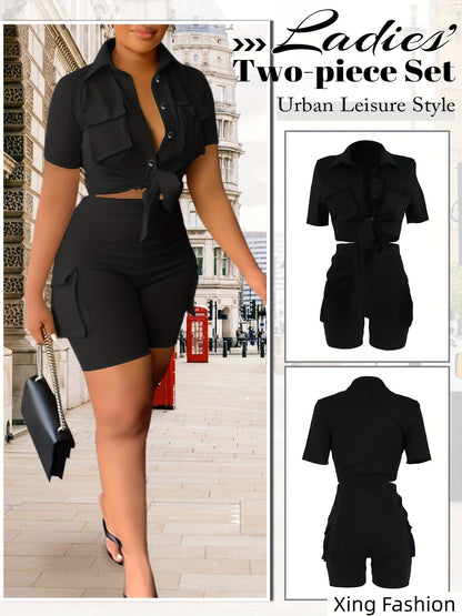Women's Two-Piece Shorts Set - Button Detail Casual Matching Outfit – Sizes S–XXL detail view