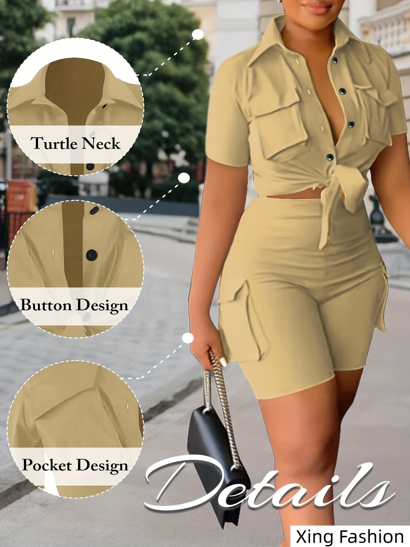 Women's Two-Piece Shorts Set - Button Detail Casual Matching Outfit – Sizes S–XXL detail view