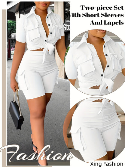 Women's Two-Piece Shorts Set - Button Detail Casual Matching Outfit – Sizes S–XXL detail view