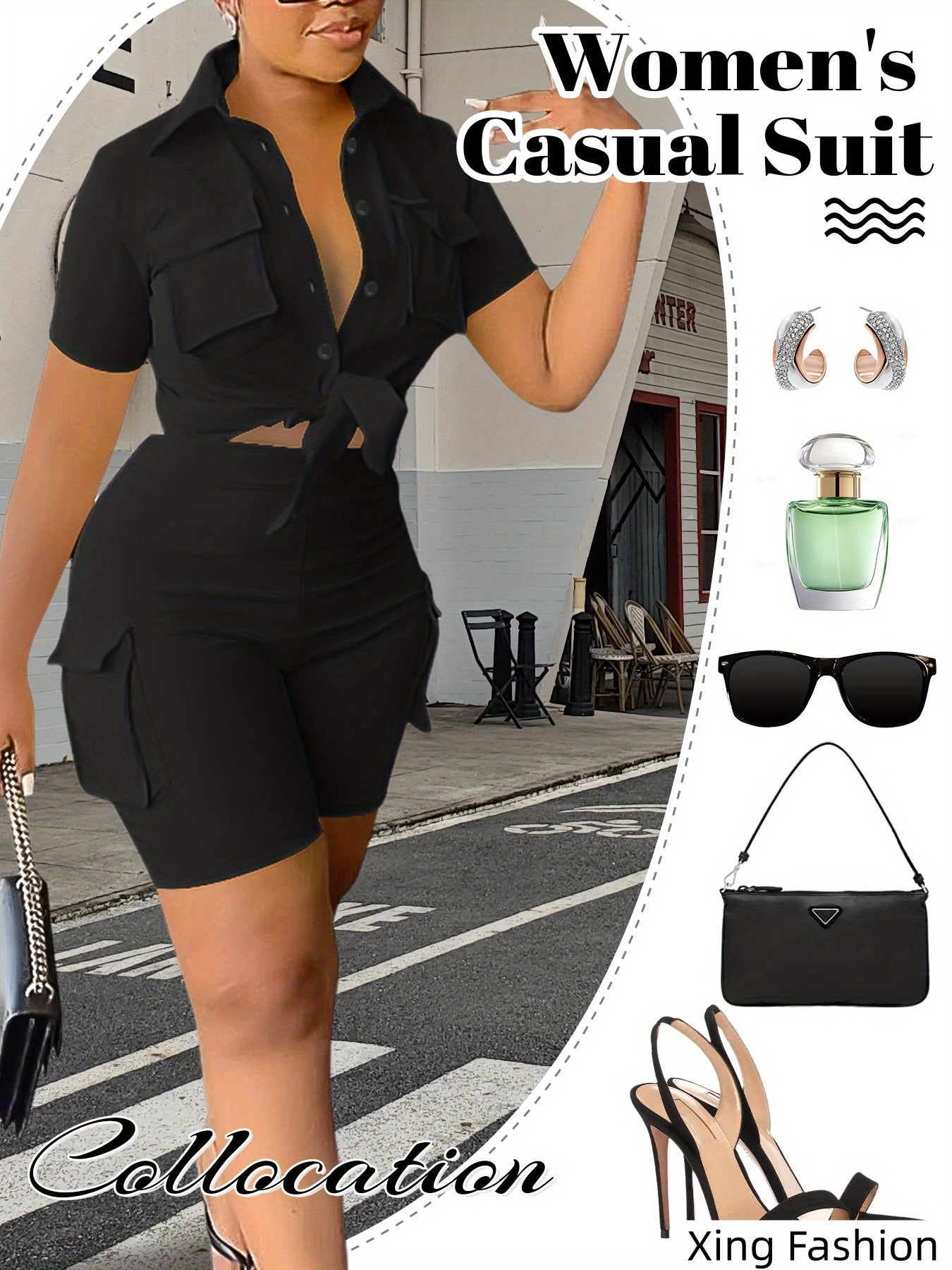 Women's Two-Piece Shorts Set - Button Detail Casual Matching Outfit – Sizes S–XXL detail view
