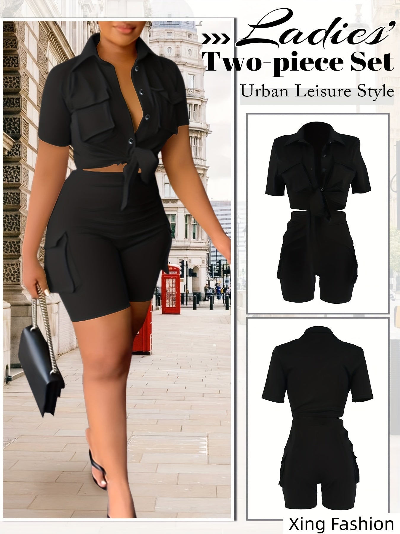 Women's Two-Piece Shorts Set - Button Detail Casual Matching Outfit – Sizes S–XXL detail view